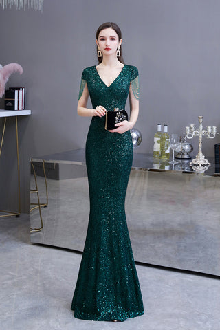 Elegant Cap Sleeve Green Sequins Long Prom Dress