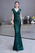 Robe de bal longue élégante à manches chauve-souris verte à paillettes