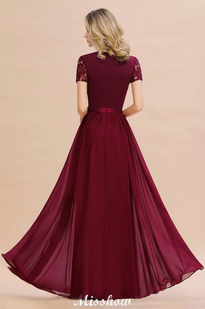 Elegant Chiffon Lace Jewel Short Sleeves Floor-Length A-Line Bridesmaid Dress