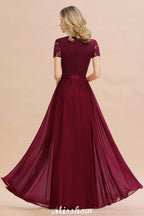 Elegant Chiffon Lace Jewel Short Sleeves Floor-Length A-Line Bridesmaid Dress