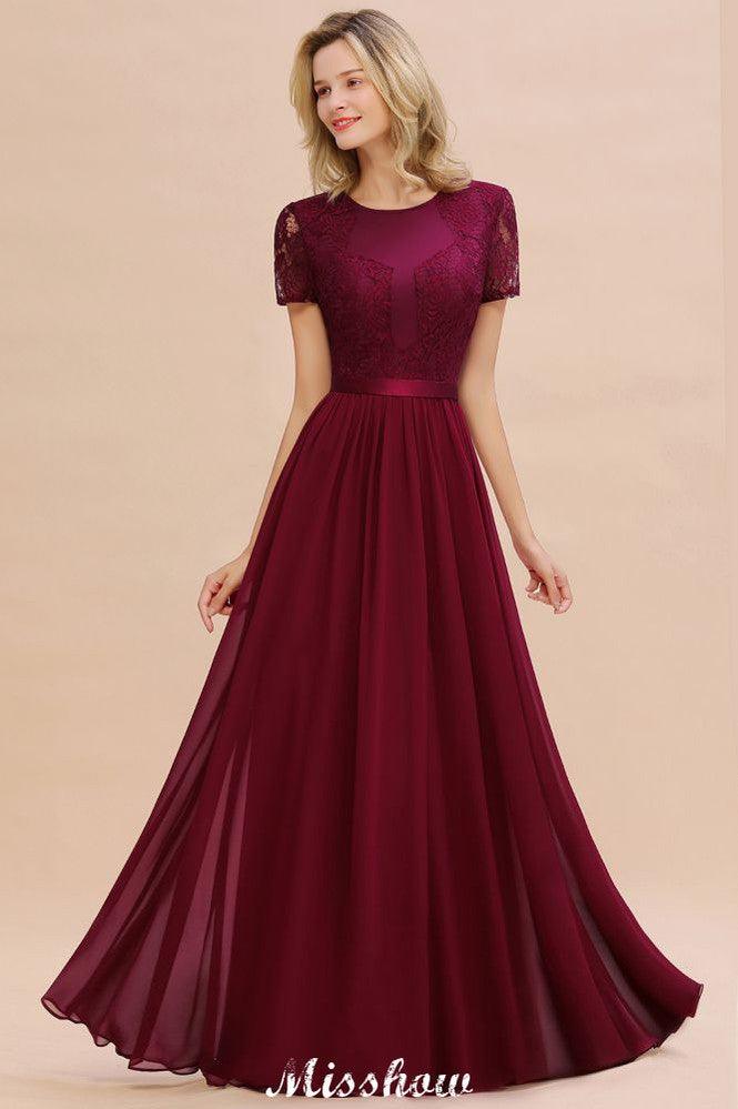 Elegant Chiffon Lace Jewel Short Sleeves Floor-Length A-Line Bridesmaid Dress