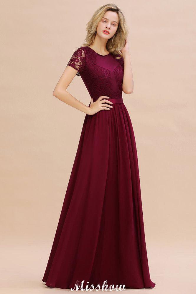Elegant Chiffon Lace Jewel Short Sleeves Floor-Length A-Line Bridesmaid Dress