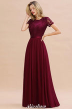 Elegant Chiffon Lace Jewel Short Sleeves Floor-Length A-Line Bridesmaid Dress