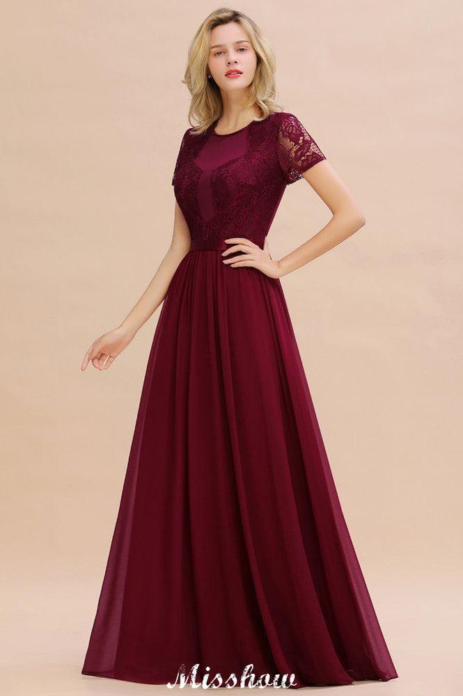 Elegant Chiffon Lace Jewel Short Sleeves Floor-Length A-Line Bridesmaid Dress