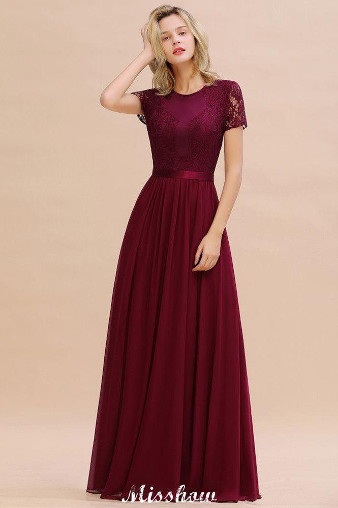 Elegant Chiffon Lace Jewel Short Sleeves Floor-Length A-Line Bridesmaid Dress