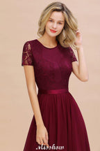 Elegant Chiffon Lace Jewel Short Sleeves Floor-Length A-Line Bridesmaid Dress