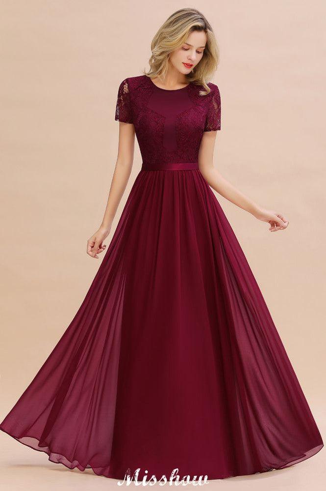 Elegant Chiffon Lace Jewel Short Sleeves Floor-Length A-Line Bridesmaid Dress