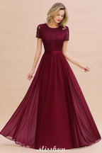 Elegant Chiffon Lace Jewel Short Sleeves Floor-Length A-Line Bridesmaid Dress