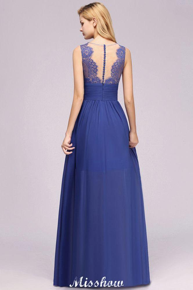 Elegant Chiffon Lace Jewel Sleeveless Floor-Length A-Line Ruffles Bridesmaid Dress