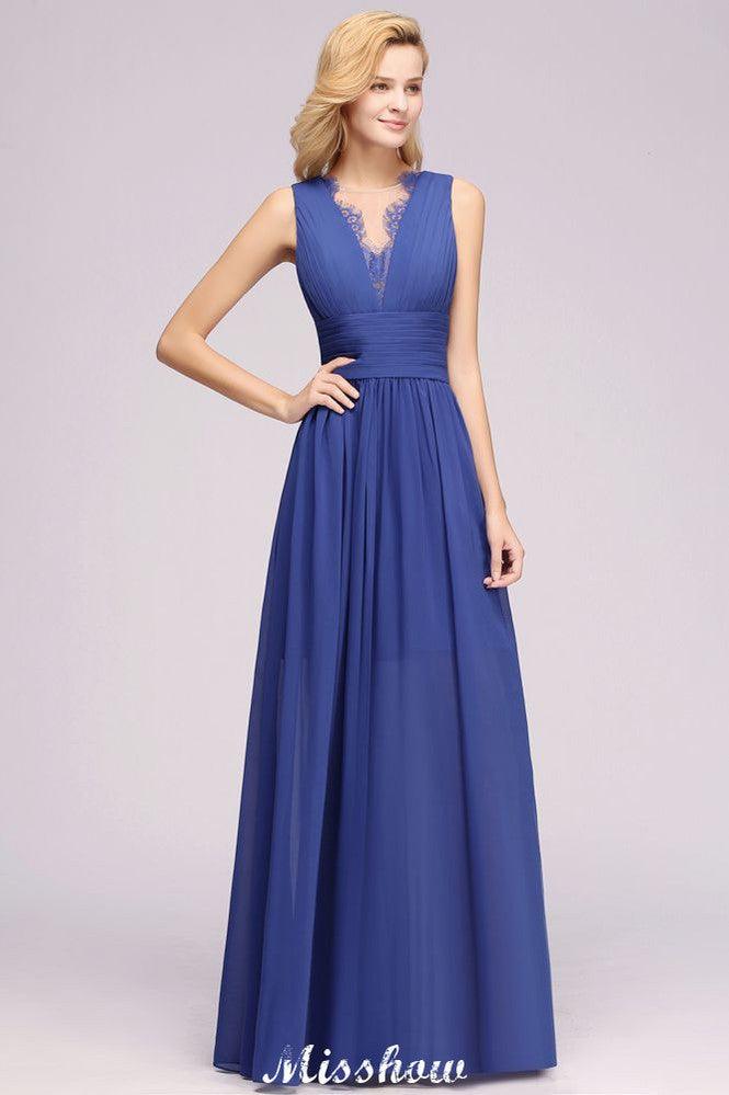 Elegant Chiffon Lace Jewel Sleeveless Floor-Length A-Line Ruffles Bridesmaid Dress