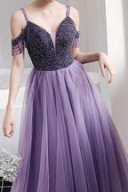 Elegant Cold Shoulder Beaded Lavender Long Prom/Party Dress PSK182