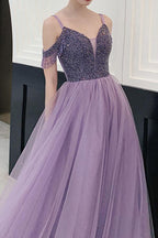 Elegant Cold Shoulder Beaded Lavender Long Prom/Party Dress PSK182
