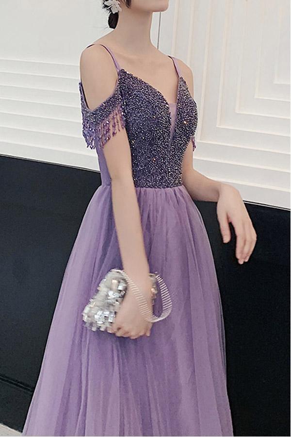 Elegant Cold Shoulder Beaded Lavender Long Prom/Party Dress PSK182