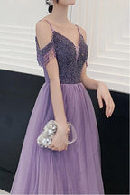 Elegant Cold Shoulder Beaded Lavender Long Prom/Party Dress PSK182