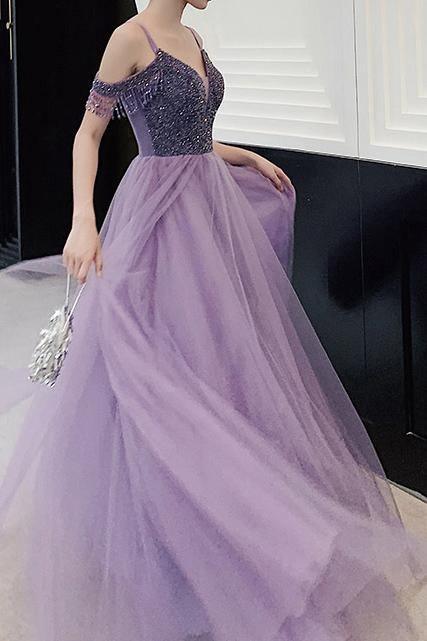 Elegantes, schulterfreies, perlenbesetztes, langes Ball-/Partykleid in Lavendel PSK182