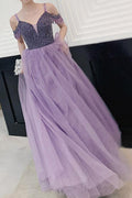 Elegantes, schulterfreies, perlenbesetztes, langes Ball-/Partykleid in Lavendel PSK182