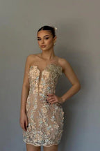 Elegantes Säulen-Spitzen Ärmelloses Kurzes Heimkehrkleid Mit Applikationen