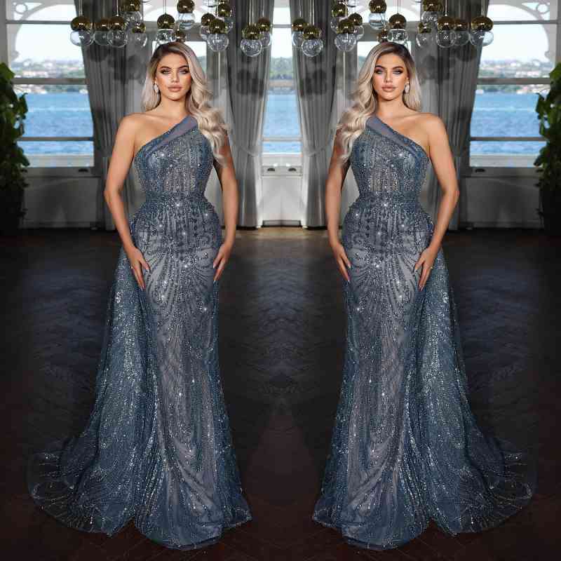 Elegantes dunkelgrünes One-Shoulder-Abendkleid im Meerjungfrauenstil mit Pailletten