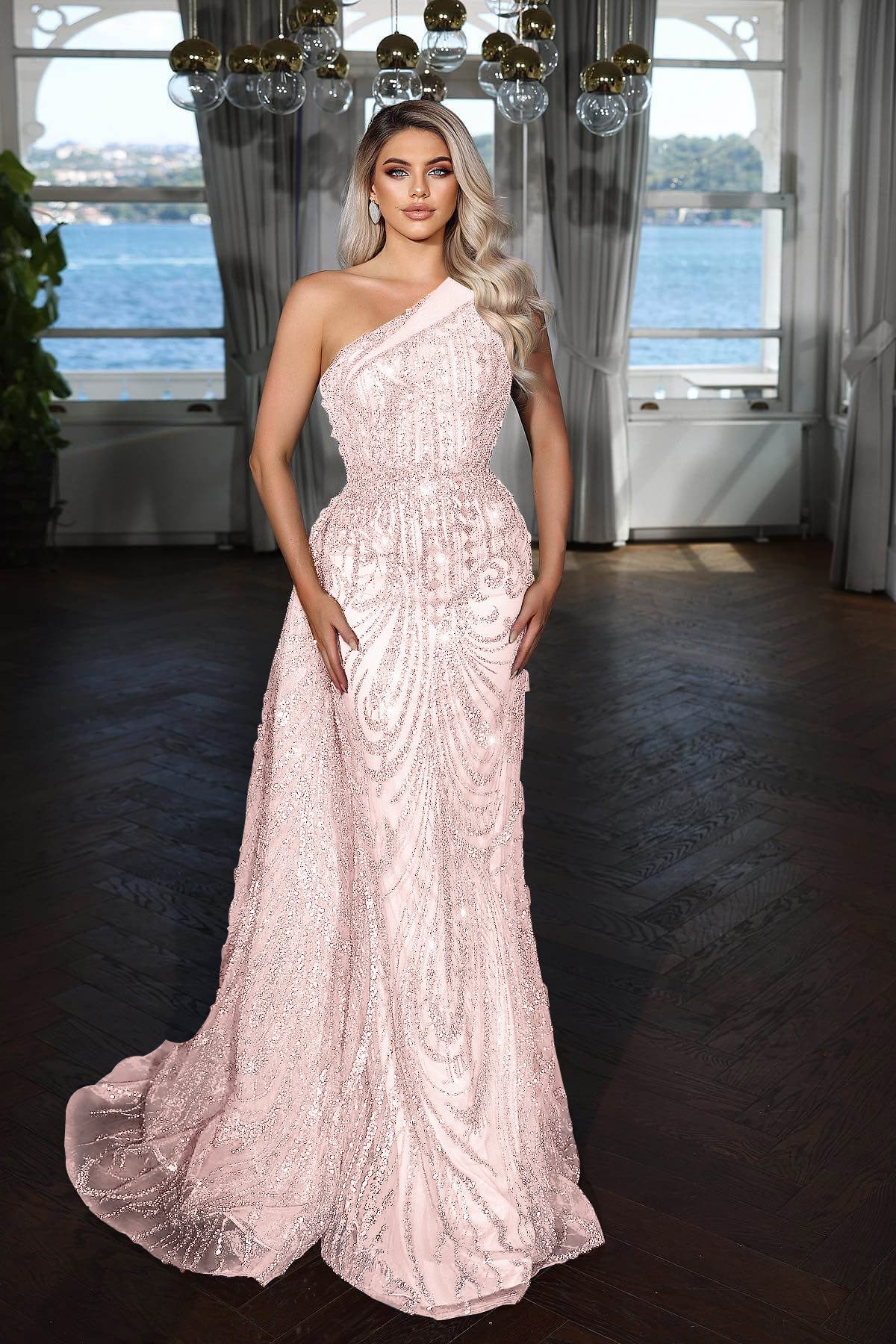 Elegante vestido de noite comprido sereia verde escuro com um ombro e lantejoulas