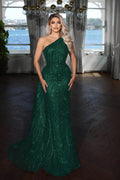Elegante Vestido de Noche Largo de Sirena en Verde Oscuro con un Solo Hombro y Lentejuelas