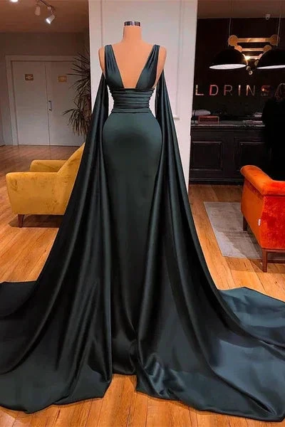 Elegant Dark Green V-neck Sexy Sleeveless A-line Prom Dress by misshow.com