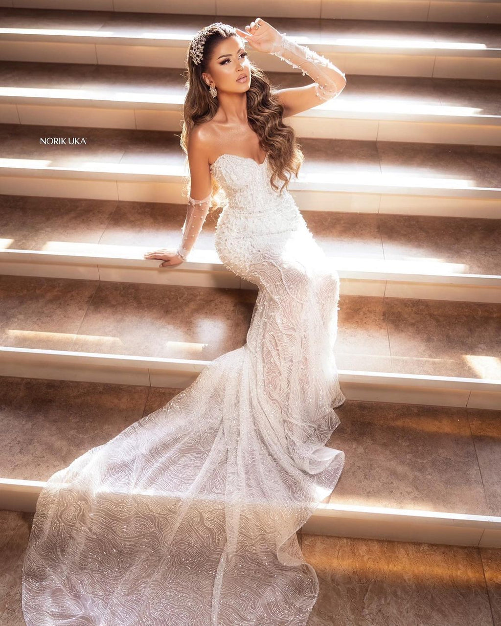 Elegant Bodenlanges Sweetheart Ärmelloses Meerjungfrau Spitzen Brautkleid mit Perlen