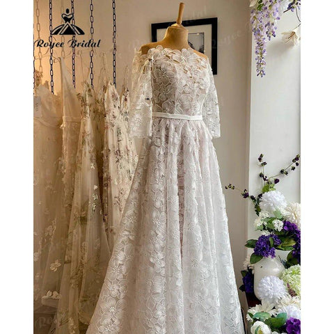 Elegante Blumenspitze Prinzessin Dreiviertelärmel Garten Brautkleid Braut 2024 Brautkleid Nach Maß robe mariage femme 