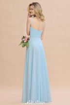 Elegant Front Split Bridesmaid Dress Garden Spaghetti Straps V-neck Floor Length Dress