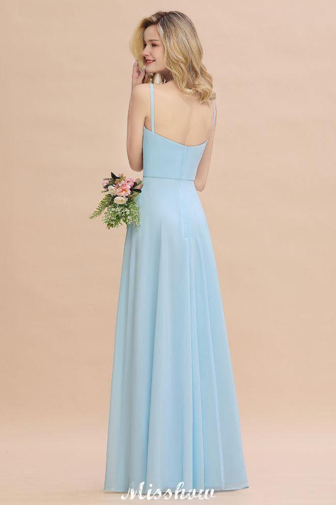 Elegant Front Split Bridesmaid Dress Garden Spaghetti Straps V-neck Floor Length Dress