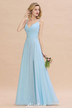 Elegant Front Split Bridesmaid Dress Garden Spaghetti Straps V-neck Floor Length Dress