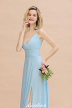 Elegant Front Split Bridesmaid Dress Garden Spaghetti Straps V-neck Floor Length Dress