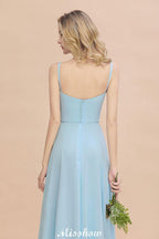 Elegant Front Split Bridesmaid Dress Garden Spaghetti Straps V-neck Floor Length Dress