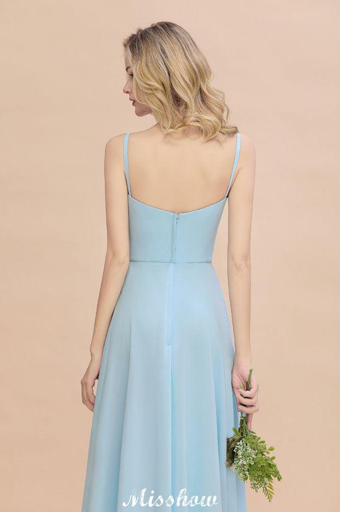 Elegant Front Split Bridesmaid Dress Garden Spaghetti Straps V-neck Floor Length Dress