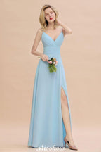 Elegant Front Split Bridesmaid Dress Garden Spaghetti Straps V-neck Floor Length Dress