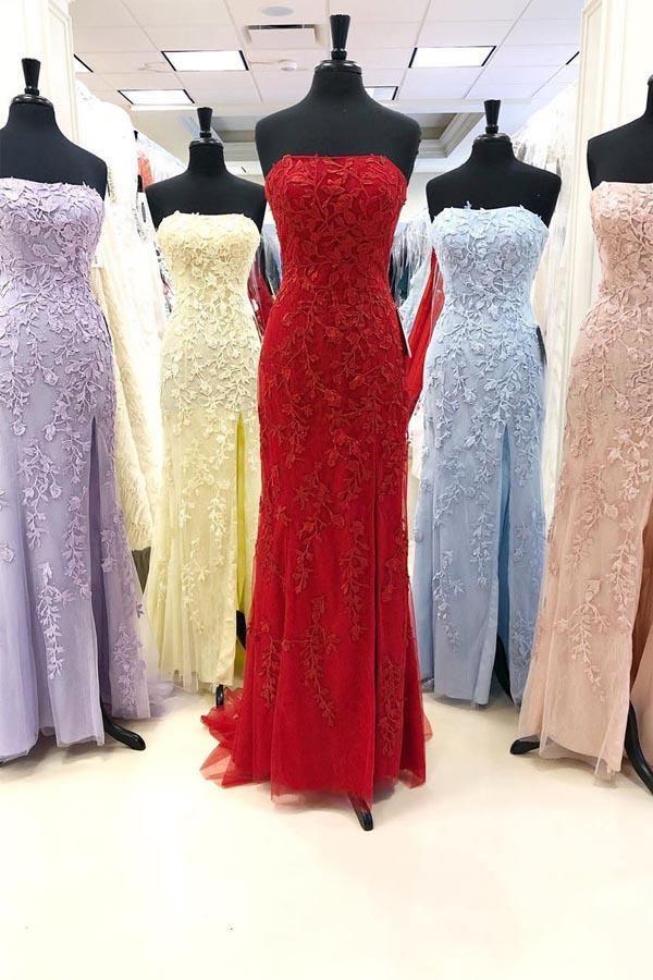 Elegantes trägerloses langes Ballkleid mit Spitzenapplikationen in Fuchsie PSK021