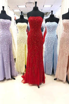 Elegantes trägerloses langes Ballkleid mit Spitzenapplikationen in Fuchsie PSK021