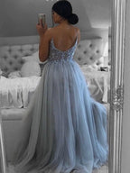 Elegant Gray Long A Line V Neck Open Back Beaded Formal Prom Dresses with Slit