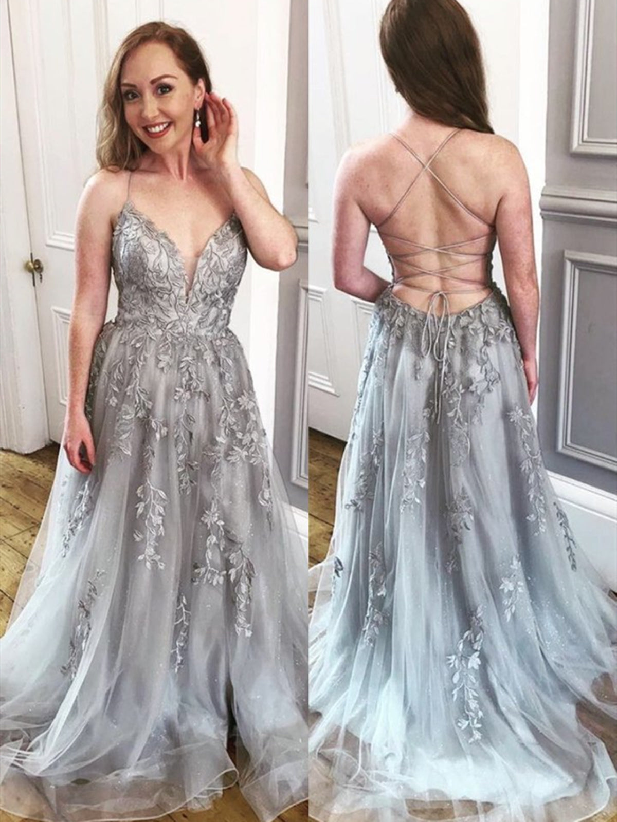 Elegant Gray Long A Line V Neck Tulle Lace Backless Formal Prom Dresses