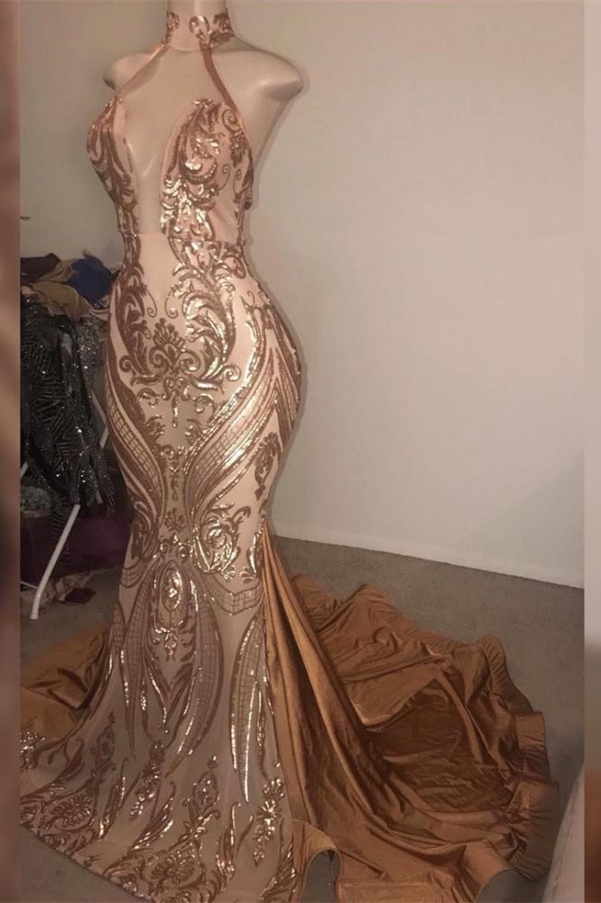 Elegant Halter Deep V-Neck Mermaid Floor-length Prom Dress
