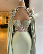 Elegant Halter Long Satin Beaded A-Line Mermaid Evening Dress