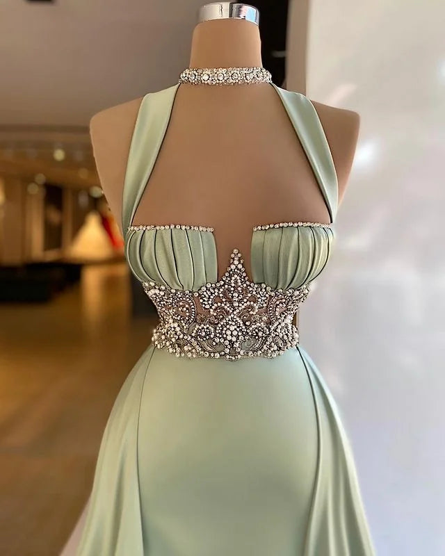 Elegant Halter Long Satin Beaded A-Line Mermaid Evening Dress