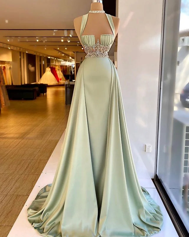 Elegant Halter Long Satin Beaded A-Line Mermaid Evening Dress