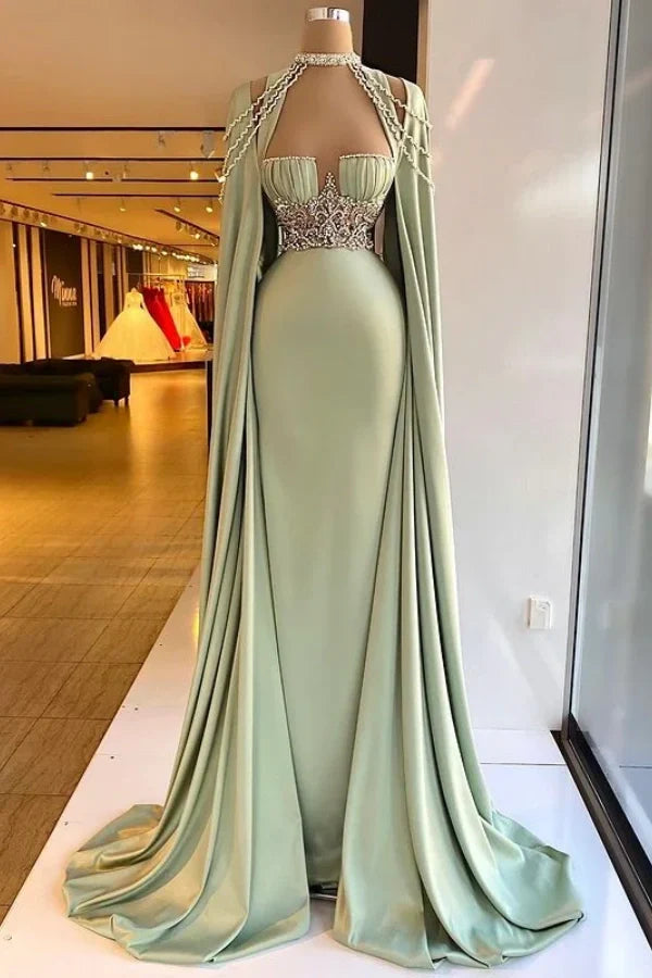 Elegant Halter Long Satin Beaded A-Line Mermaid Evening Dress