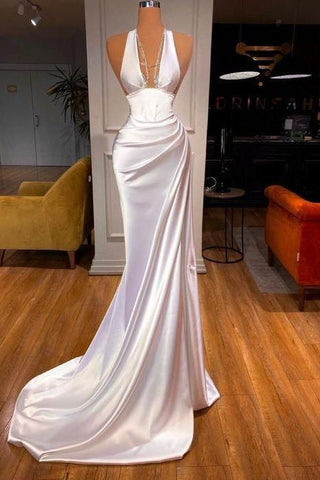 Elegant Halter V-Neck Mermaid White Long Satin Evening Dresses