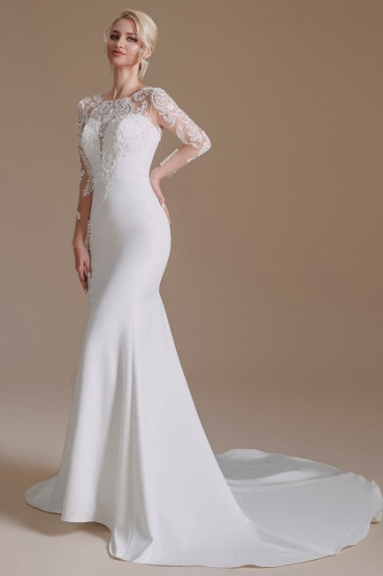 Elegant Jewel Langarm Meerjungfrau Bodenlanges Satin Brautkleid mit Muster