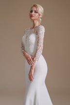 Elegant Jewel Langarm Meerjungfrau Bodenlanges Satin Brautkleid mit Muster