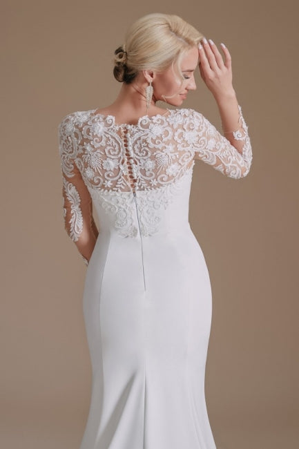 Elegant Jewel Langarm Meerjungfrau Bodenlanges Satin Brautkleid mit Muster