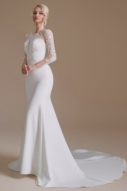 Elegant Jewel Langarm Meerjungfrau Bodenlanges Satin Brautkleid mit Muster