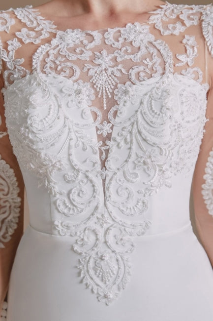 Elegant Jewel Langarm Meerjungfrau Bodenlanges Satin Brautkleid mit Muster