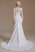 Elegant Jewel Langarm Meerjungfrau Bodenlanges Satin Brautkleid mit Muster